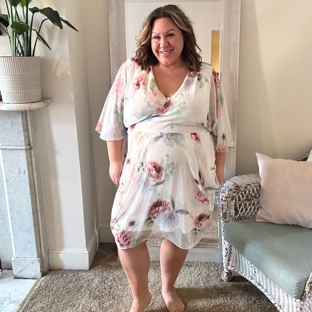 City Chic White Floral Wrap Dress with Pink and Green Accents